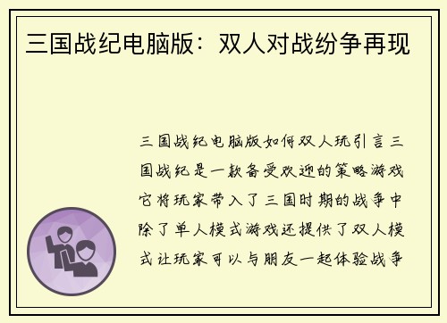 三国战纪电脑版：双人对战纷争再现