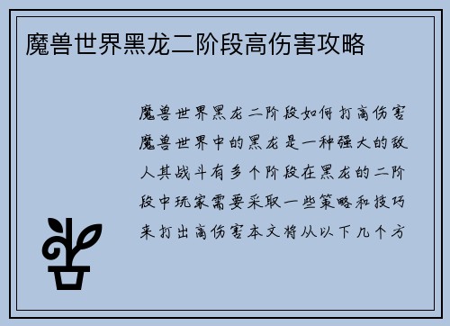 魔兽世界黑龙二阶段高伤害攻略